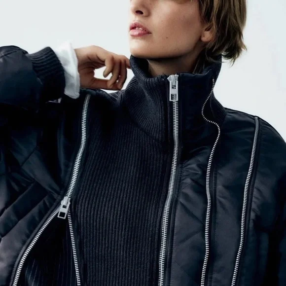 Zara Navy Zippered Pinstriped Bomber Jacket NWT - Picture 5 of 16